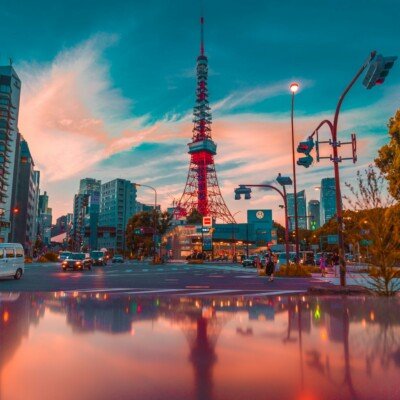 architectural photo of tower between buildings