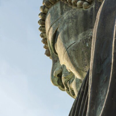 a close up of a statue with a sky background